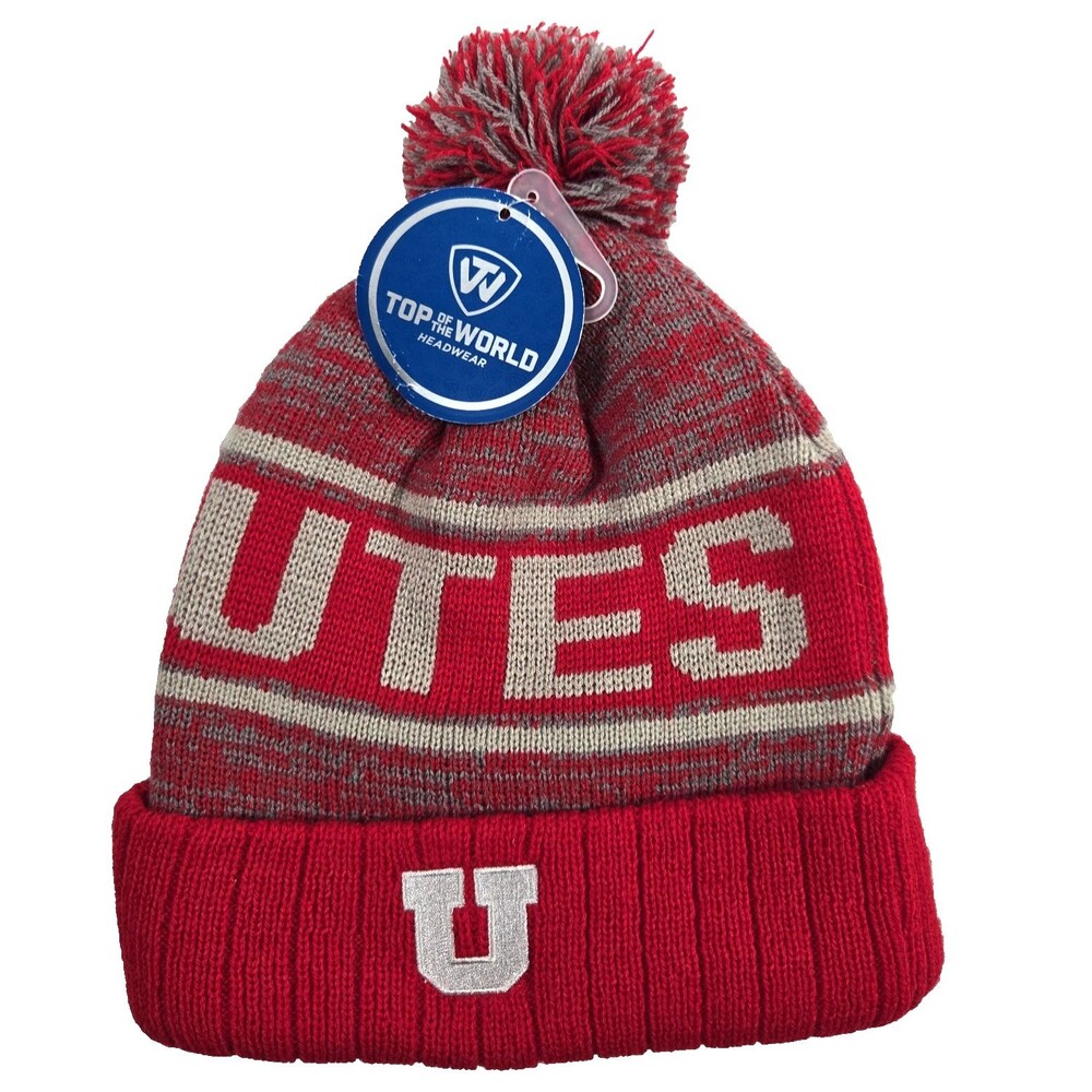 Utah Utes Winter Hat Pom Beanie Cuffed Knit Unisex Gray/Red Football New